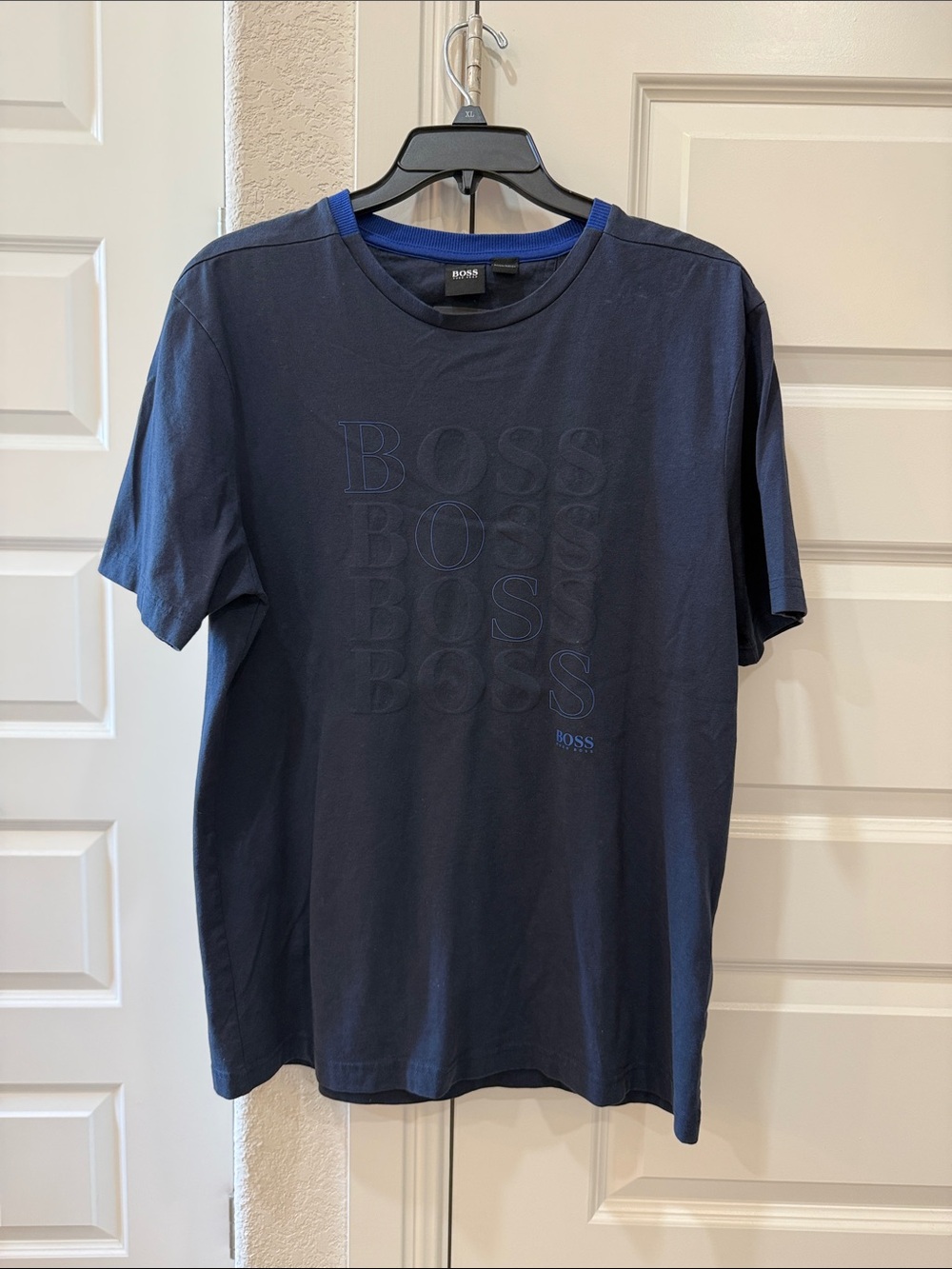 BOSS Men's Navy Short Sleeve Logo Tee with Blue Trim